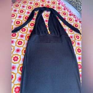 Black Halter Neck Ribbed Maxi Dress